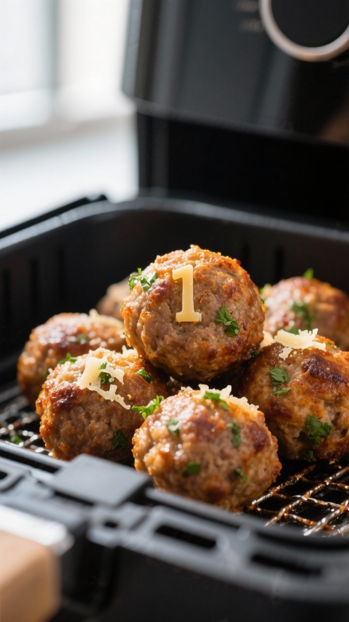 Close-up detail: Golden-brown air-fried meatballs just out of the basket, crisp, lightly blistered e