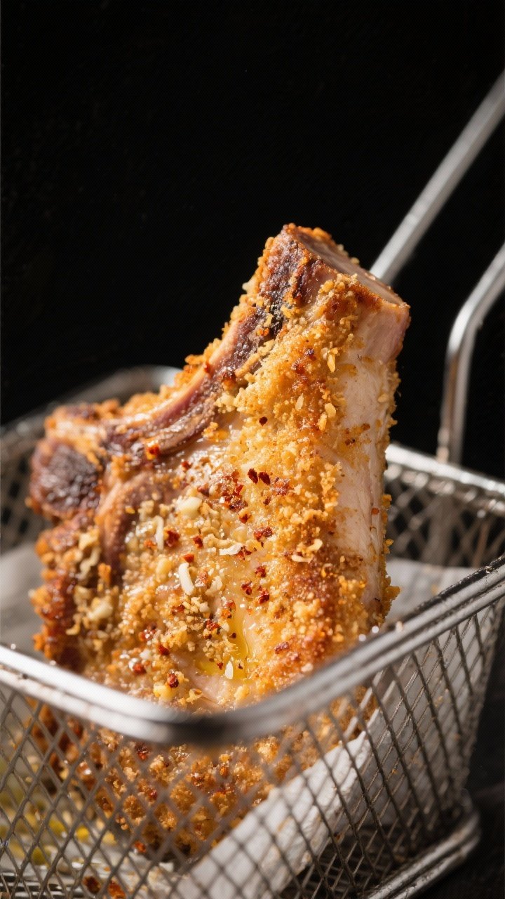Close-up detail: Golden-brown air-fried pork chop just out of the basket, ultra-crispy panko-Parmesa