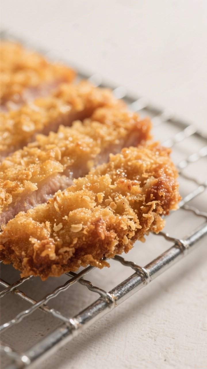 Close-up detail: Golden-brown air-fried pork tonkatsu just out of the basket, ultra-crisp panko crus