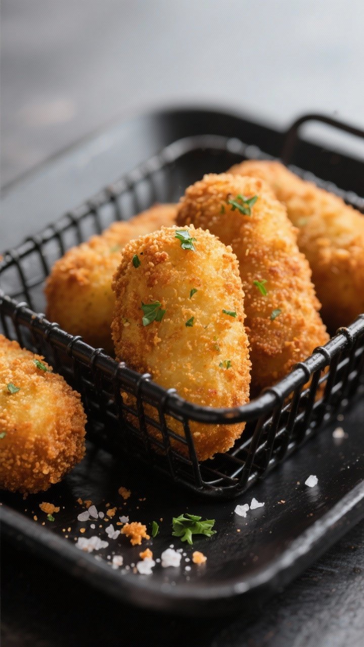 Close-up detail: Golden-brown air-fried potato croquettes just out of the basket, crisp panko crust 
