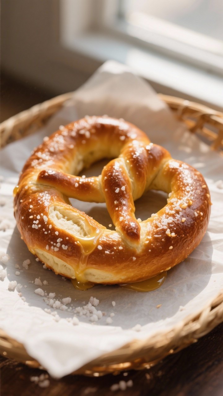 Close-up detail: Golden-brown air-fried soft pretzel just out of the basket, brushed with melted but