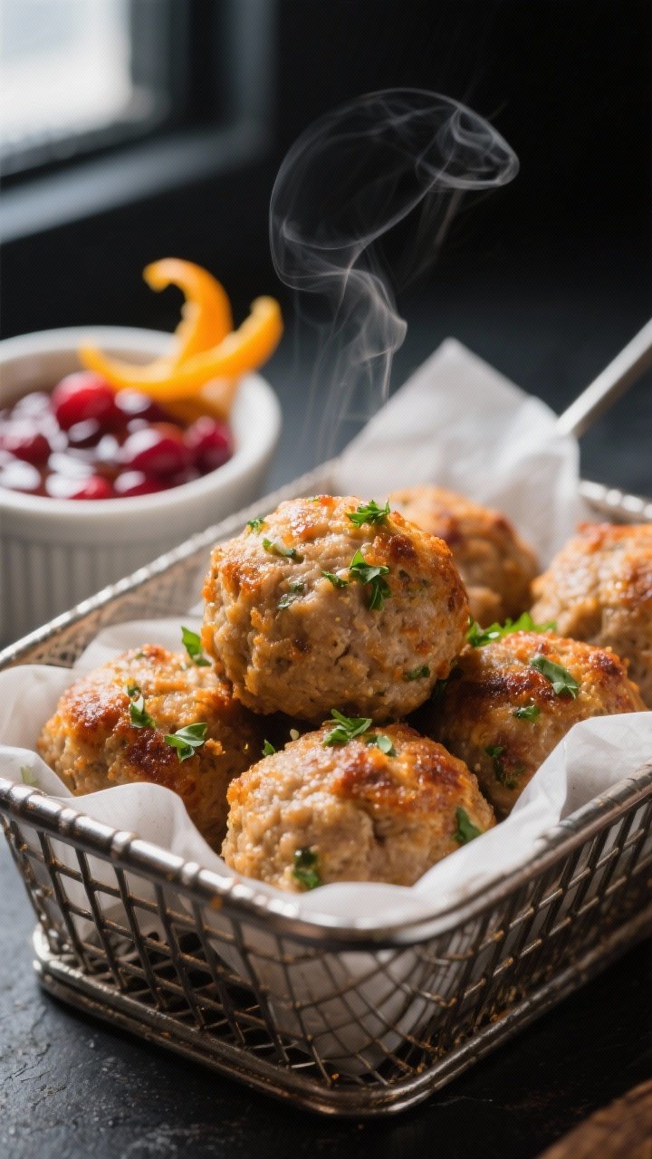 Close-up detail: Golden-brown air-fried turkey meatballs just out of the basket, crisp edges glisten
