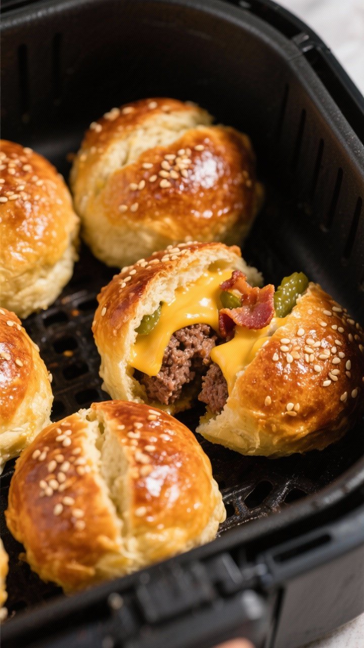 Close-up detail: Golden-brown air fryer bacon cheeseburger bombs just out of the basket, seam side d