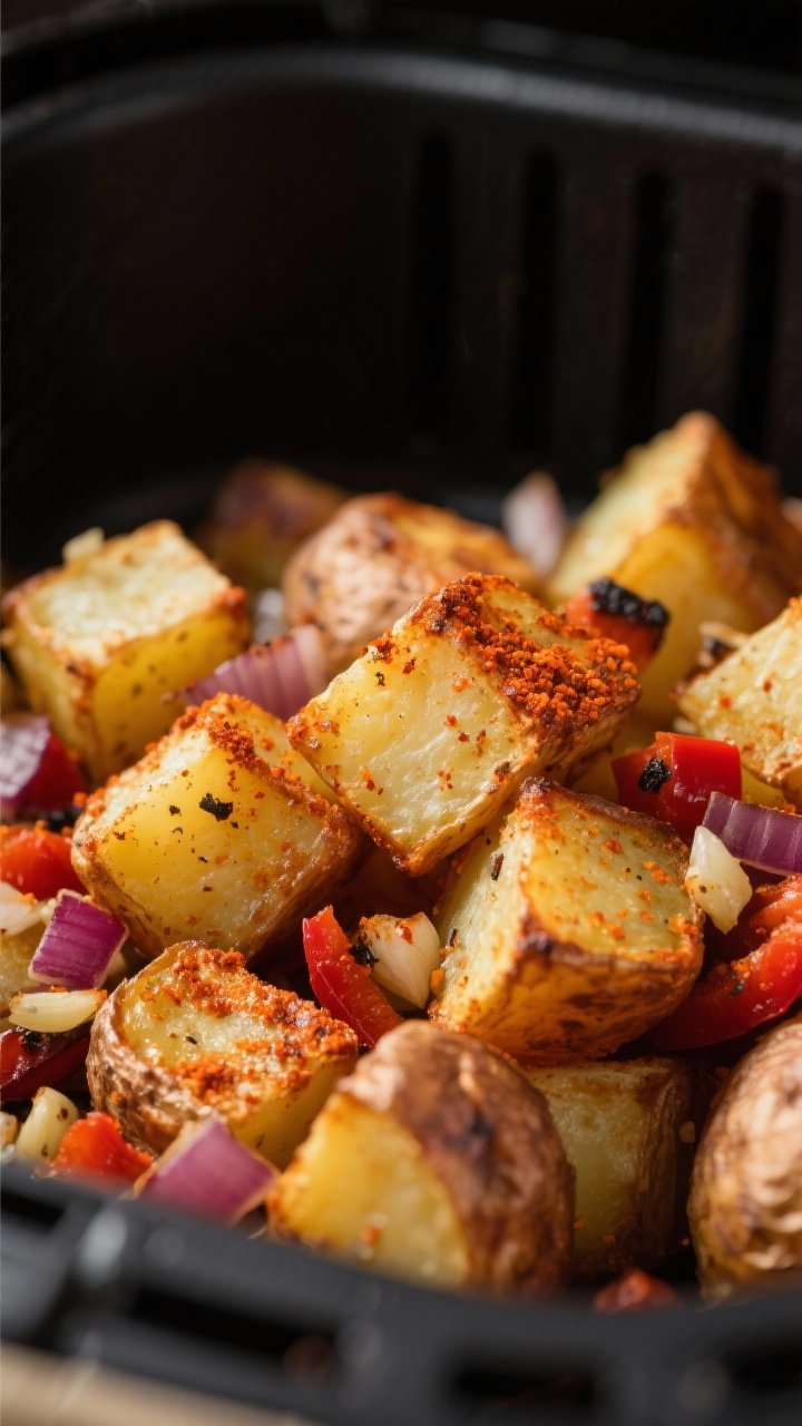 Close-up detail: Golden-brown air fryer breakfast potatoes fresh from the basket, 1/2-inch cubes wit