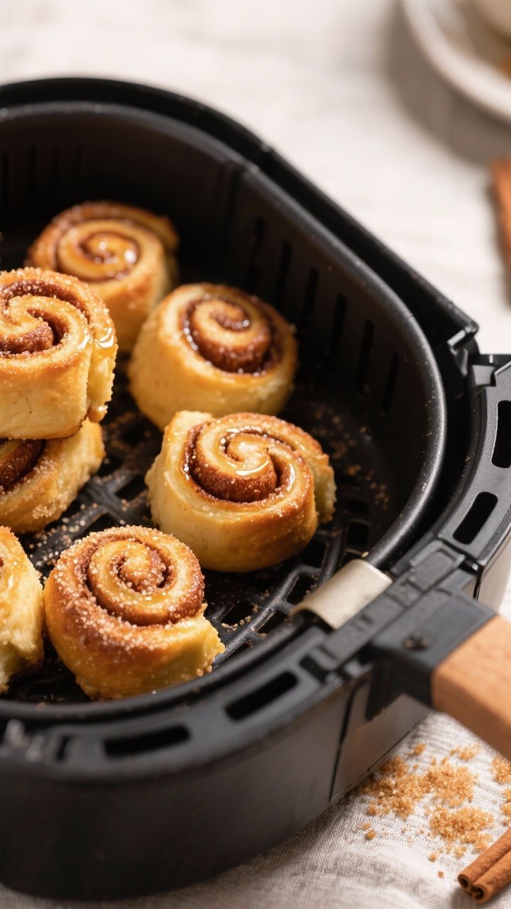 Close-up detail: Golden-brown air fryer cinnamon roll bites just out of the basket, crisp sugared ex