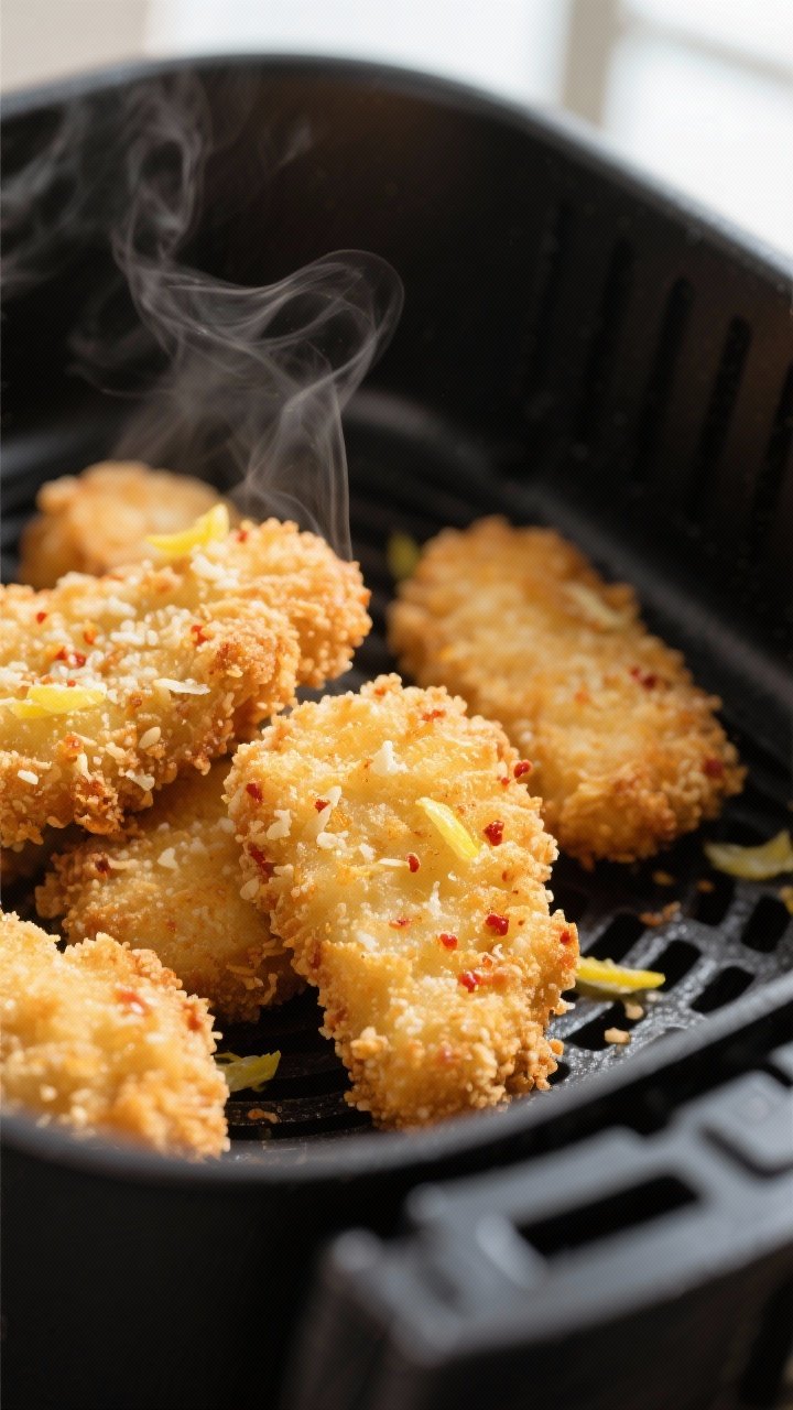 Close-up detail: Golden-brown air fryer fish nuggets just out of the basket, ultra-crispy panko-Parm