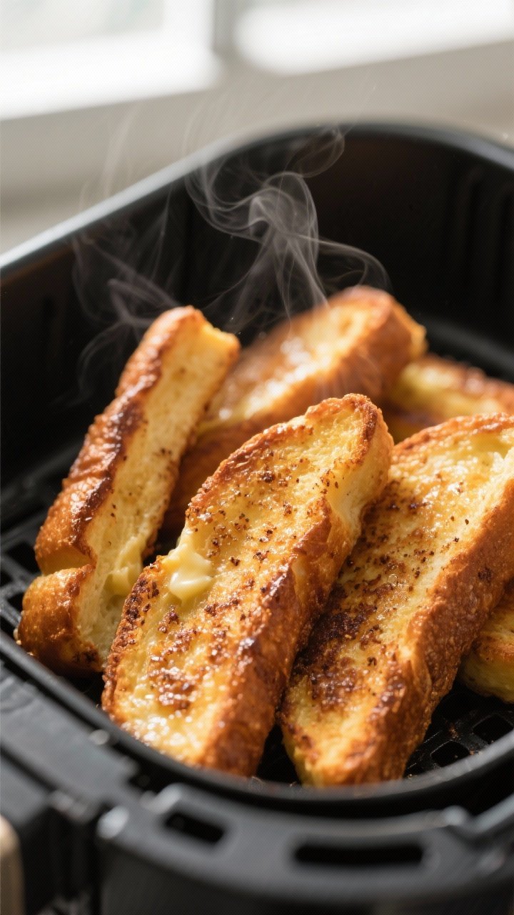 Close-up detail: Golden-brown air fryer French toast sticks just out of the basket, crisp cinnamon-s