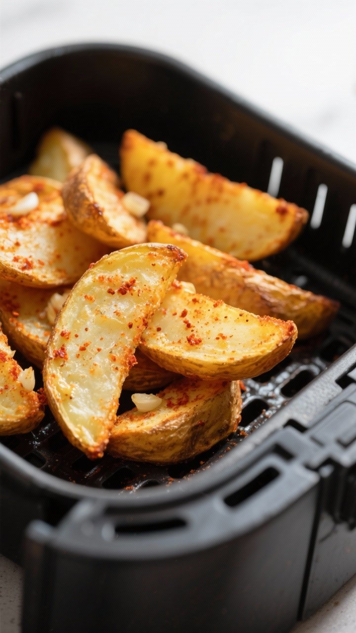 Close-up detail: Golden-brown air fryer paprika potato wedges just out of the basket, edges deeply c