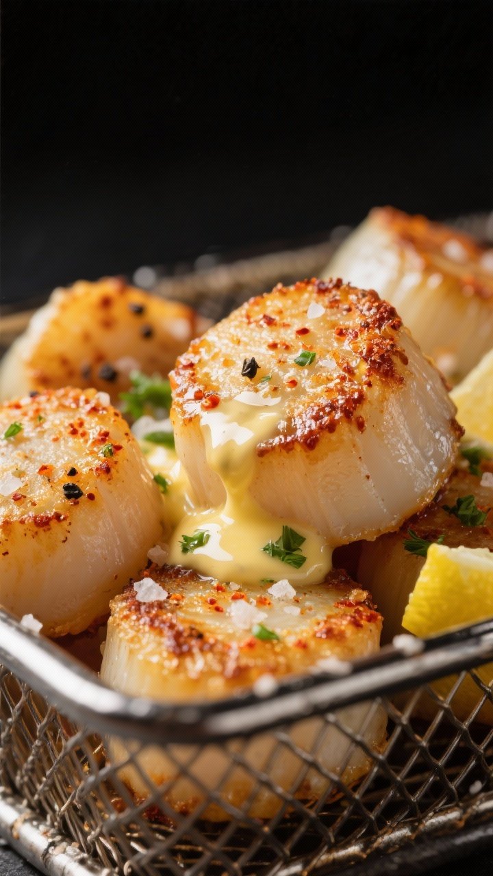 Close-up detail: Golden-browned air-fried sea scallops just out of the basket with melting garlic-le