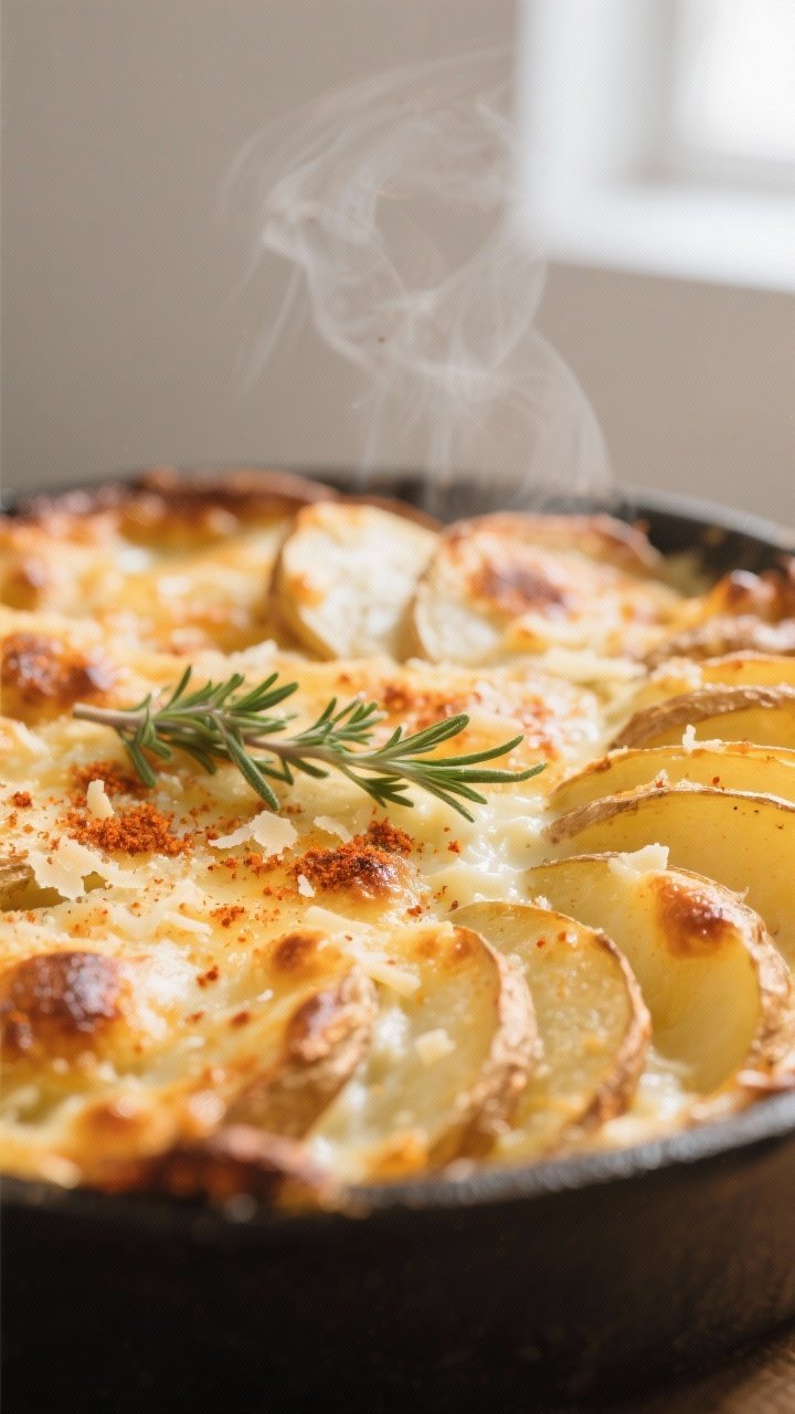 Close-up detail: Golden-browned air fryer potato bake just uncovered, showing crisp, blistered chees