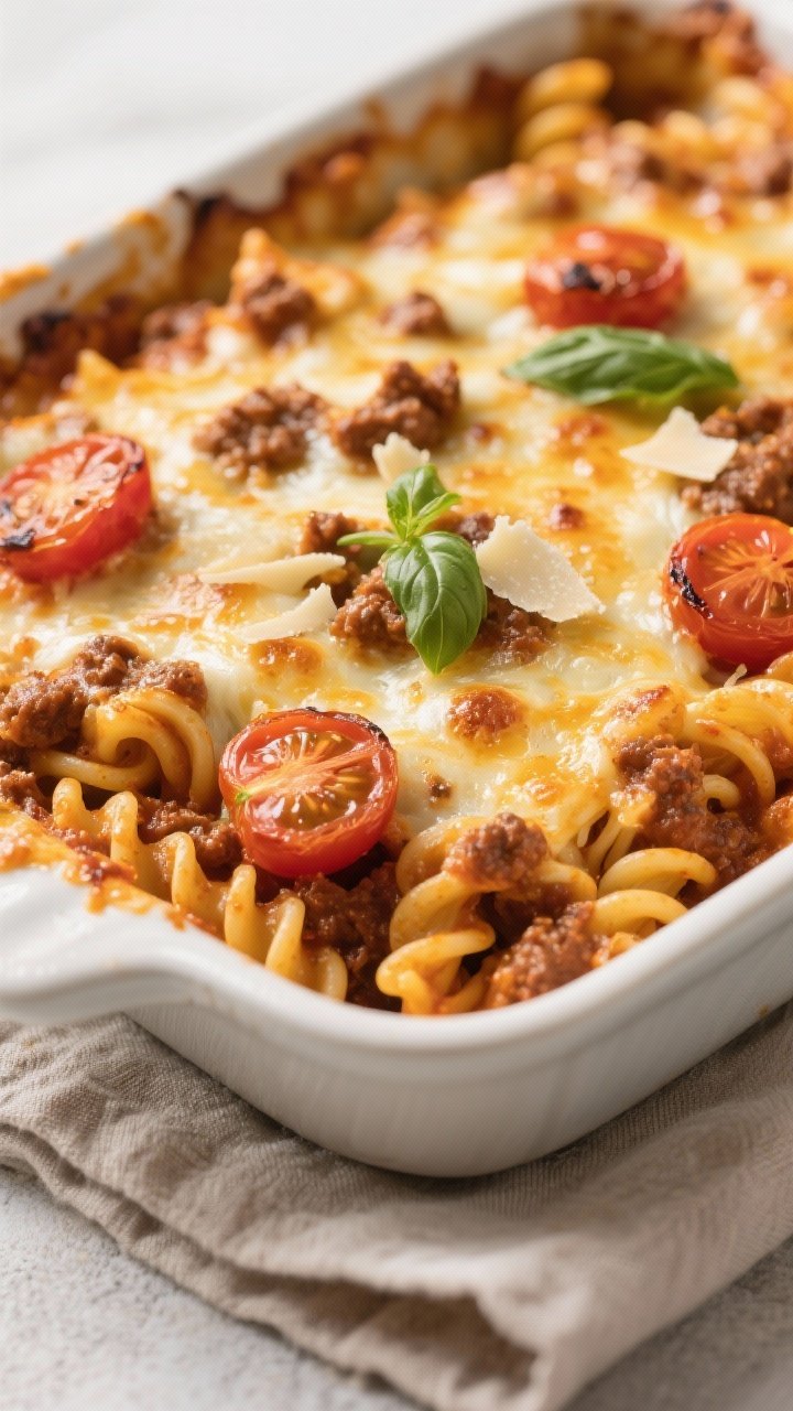 Close-up detail: Golden, bubbly air-fried Bolognese and noodle bake just out of the air fryer dish,