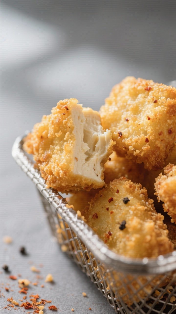 Close-up detail: Golden, crispy air-fried tofu nuggets just out of the basket, panko crust visibly b