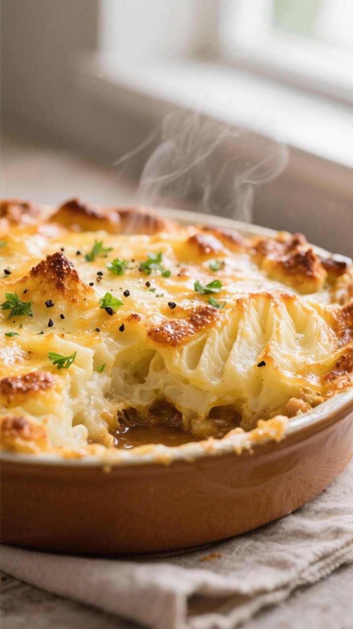 Close-up detail: Golden, crispy ridges of mashed potatoes on an air-fried cottage pie, cheese-melt b