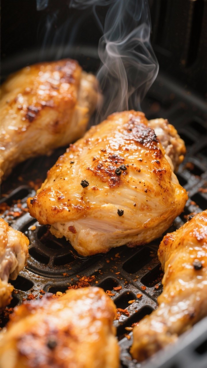 Close-up detail: Golden, crispy-skinned air-fried chicken thighs just after flipping skin-side up, g