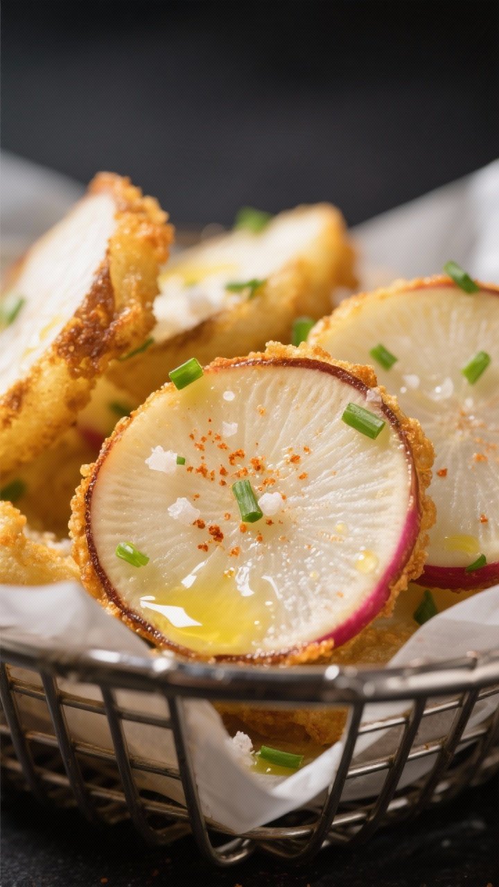 Close-up detail: Golden-edged air-fried radishes just out of the basket, halved pieces with lightly