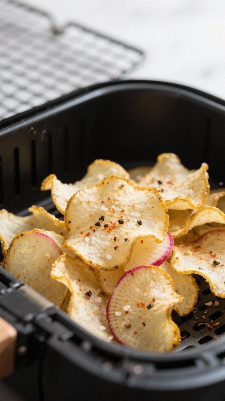 Close-up detail: Golden-edged air fryer radish chips just out of the basket, crisp rippled surfaces 