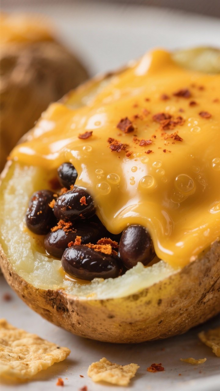 Close-up detail – Gooey cheese melt inside the potato: macro shot of a halved potato loaded with m