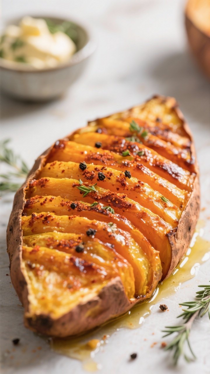 Close-up detail: Hasselback sweet potato fresh from the air fryer, golden-crisp fanned edges glisten