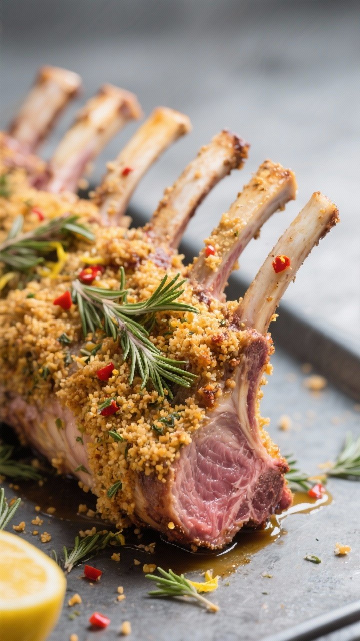 Close-up detail: Herb-crusted rack of lamb just out of the air fryer, golden-brown panko-herb crust 