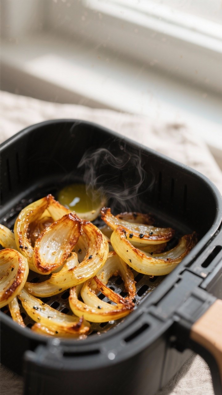 Close-up detail: Jammy, air-fried caramelized yellow onions just finished in the basket, glistening 