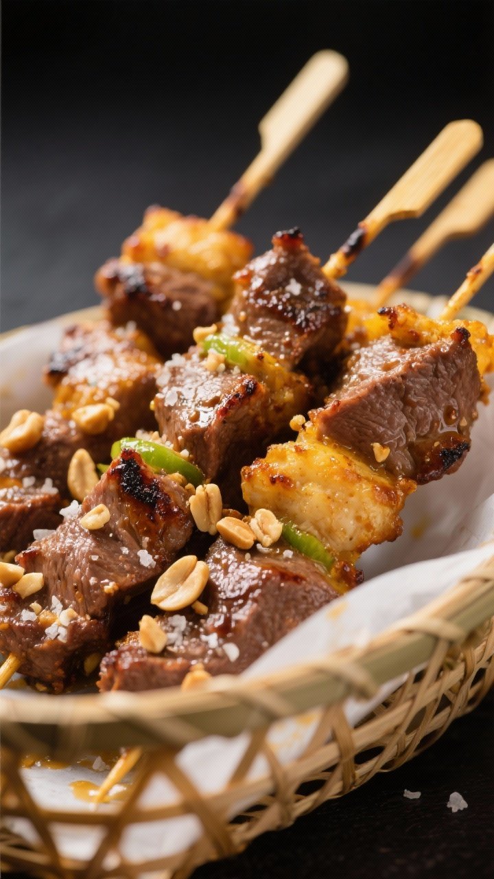 Close-up detail: Juicy air-fried beef satay skewers just out of the basket, caramelized edges with s