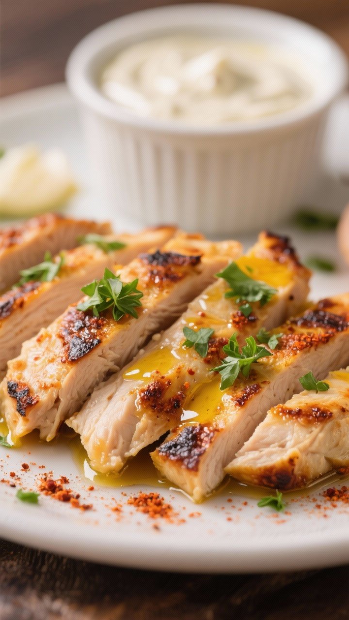 Close-up detail: Juicy air-fried chicken shawarma slices with caramelized, charred edges and visible