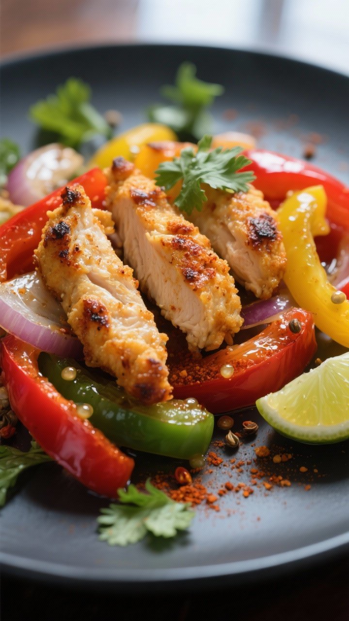 Close-up detail: Juicy air-fried chicken strips with golden, lightly charred edges nestled among ten