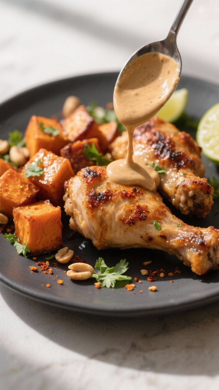 Close-up detail: Juicy air-fried chicken thigh pieces with lightly charred, crisped edges nestled be