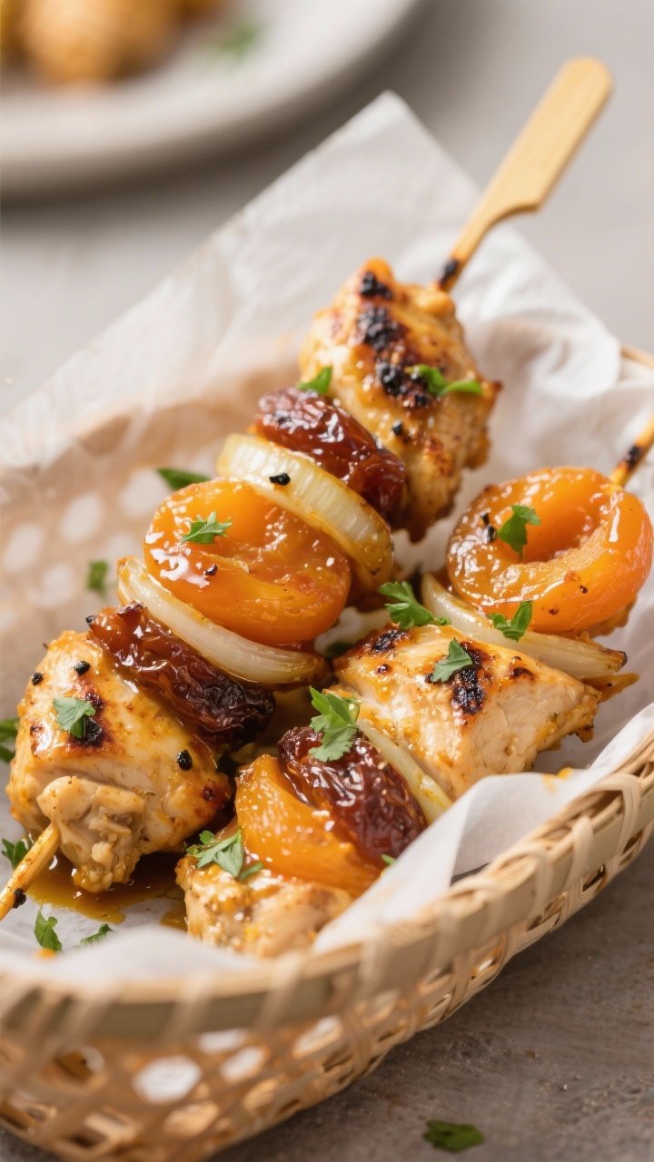 Close-up detail: Juicy air-fried curried chicken sosaties just out of the basket, showing light char