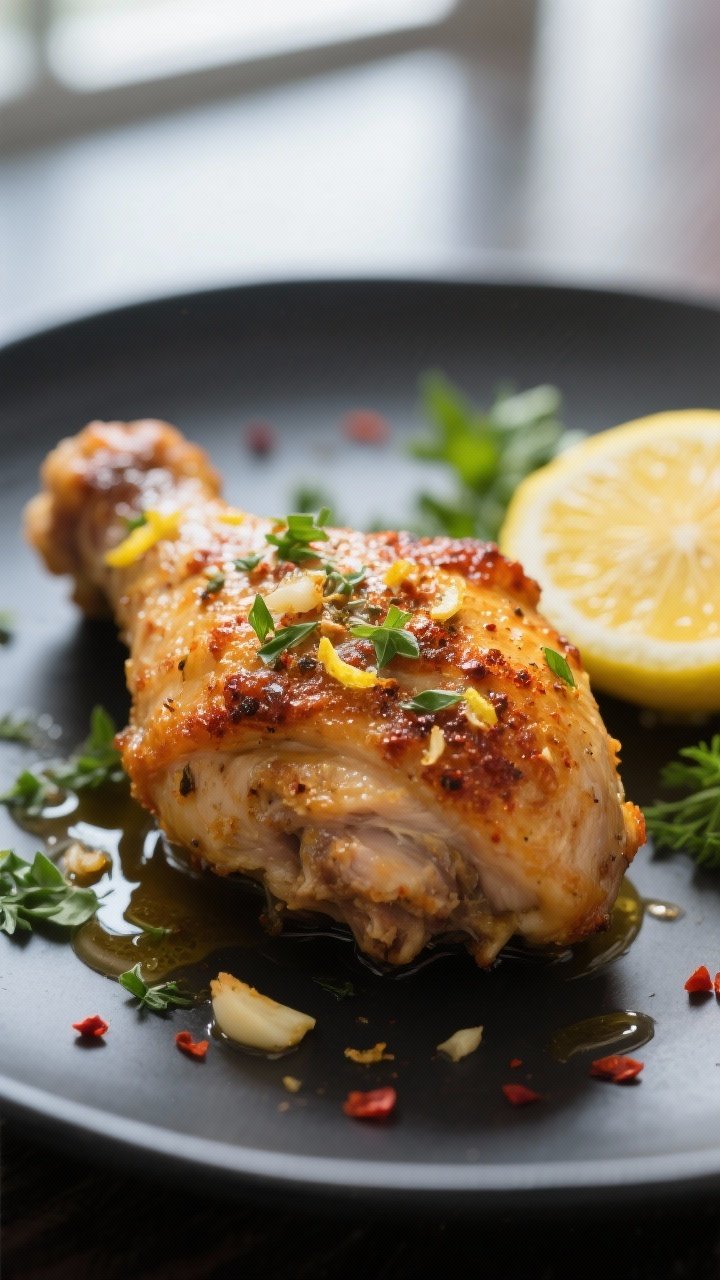 Close-up detail: Juicy air-fried Greek chicken thigh, skin blistered and deep golden with visible le