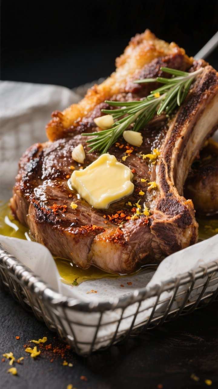 Close-up detail: Juicy air-fried lamb loin chop just out of the basket, deep brown seared crust with