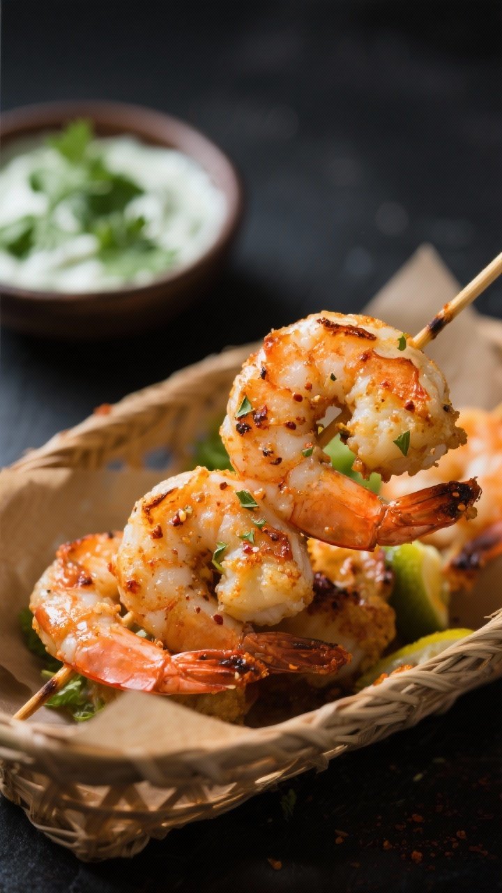 Close-up detail: Juicy air-fried prawn kebabs just out of the basket, lightly charred edges and glis