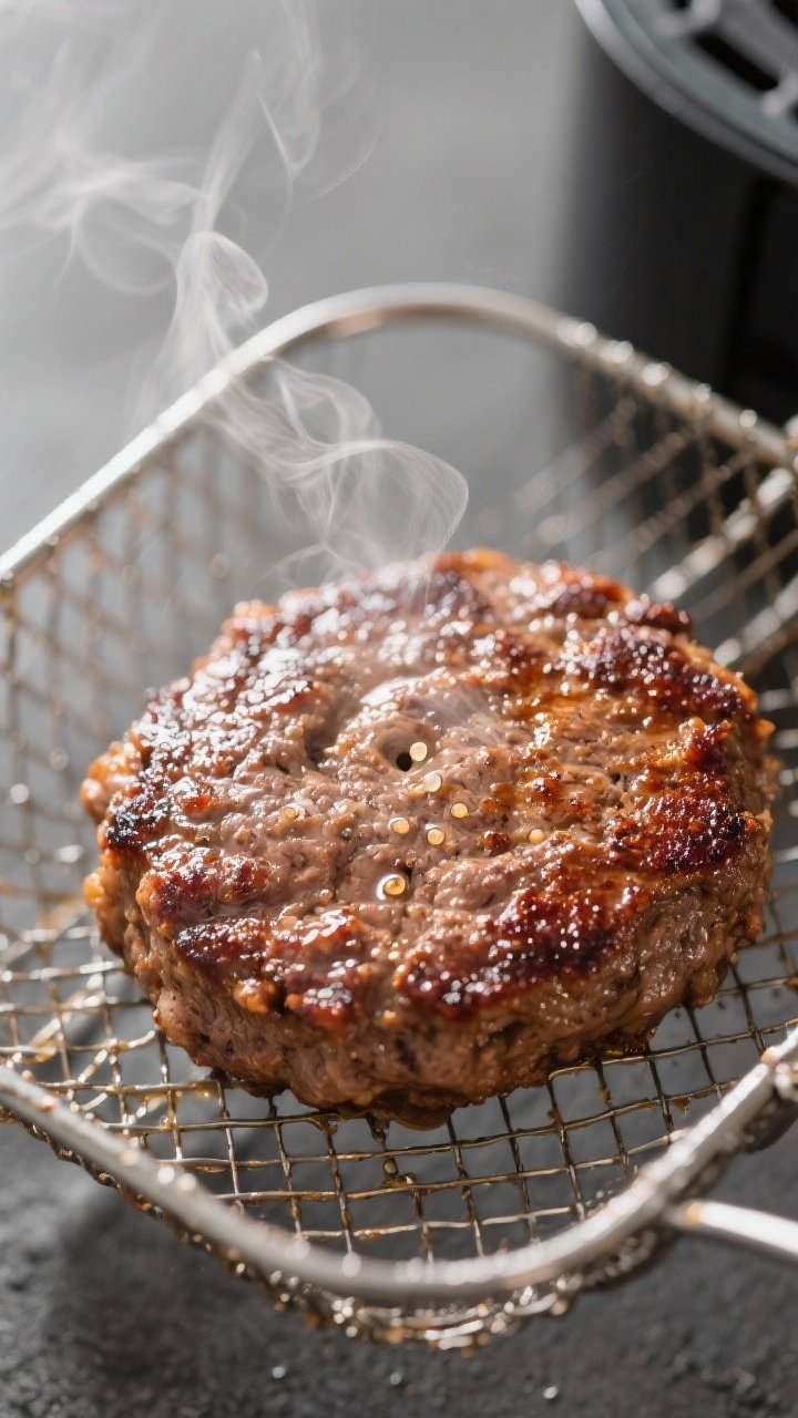 Close-up detail: Juicy air-fried Salisbury steak patty just out of the basket, well-browned diner-st
