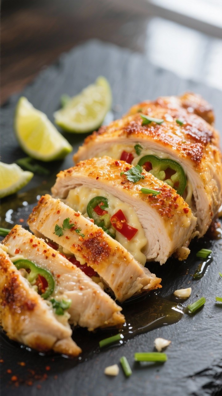 Close-up detail: Juicy air-fried stuffed chicken breast sliced to reveal creamy jalapeno–red chili