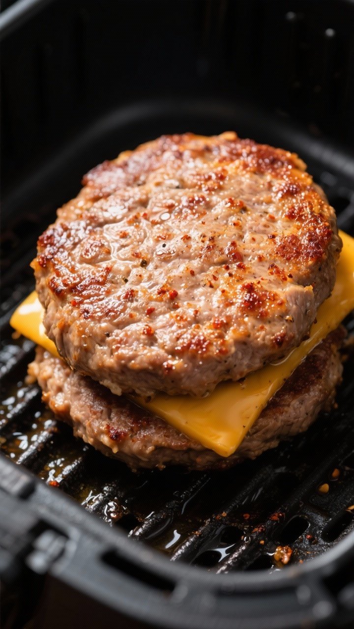 Close-up detail: Juicy air-fried turkey burger patty just flipped in the basket at 375°F, golden-br