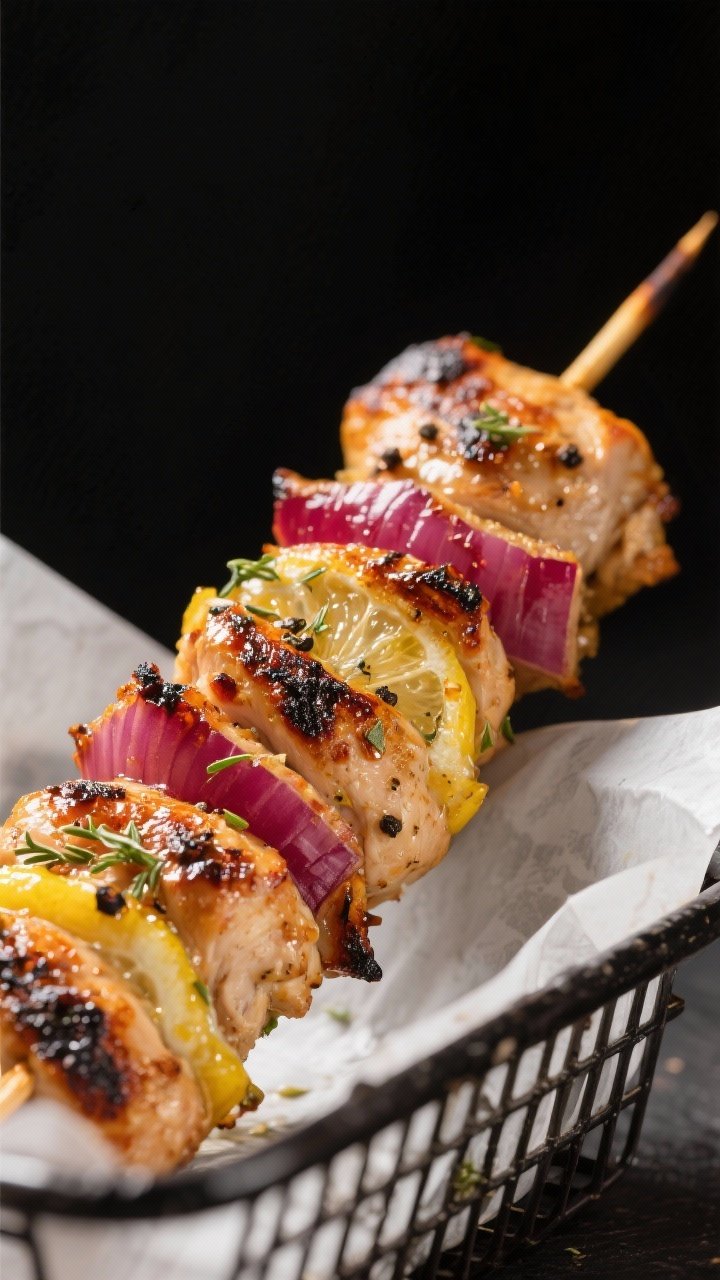 Close-up detail: Juicy air fryer chicken souvlaki skewer just out of the basket, charred edges and g