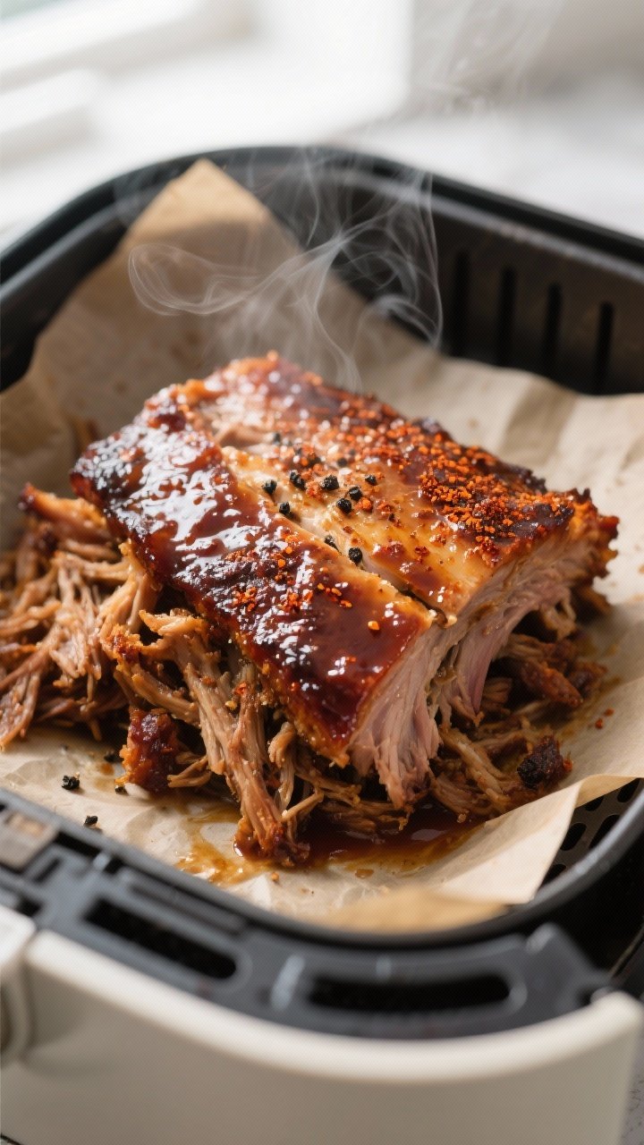 Close-up detail: Juicy BBQ pulled pork fresh from the air fryer, caramelized edges glistening with s