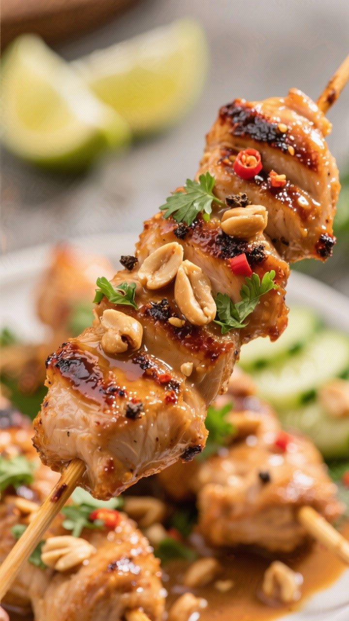 Close-up detail: Juicy chicken satay skewer fresh from the air fryer, tight macro on lacquered, brow