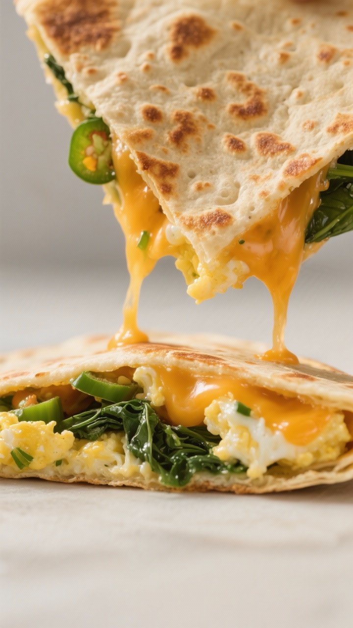 Close-up detail: Macro shot of a quesadilla wedge just after resting, tortilla surface ultra-crispy