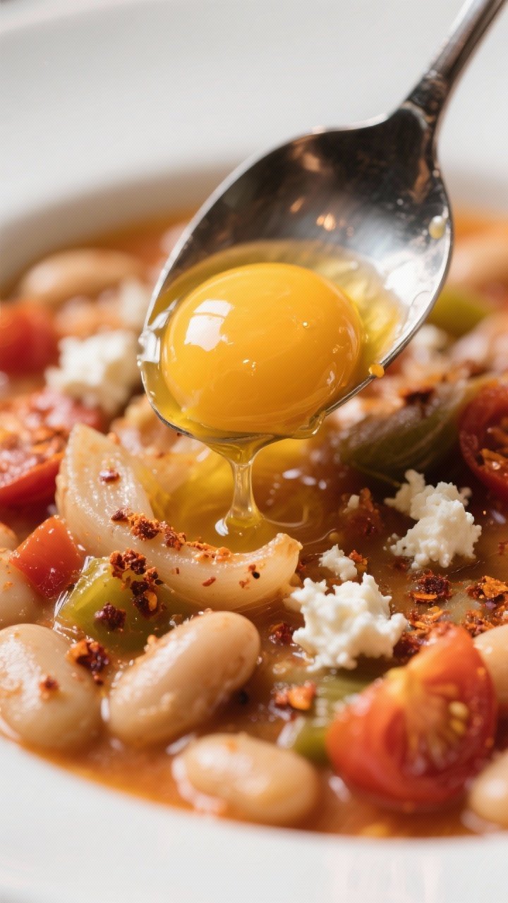 Close-up detail: Macro shot of a spoon breaking into a jammy egg yolk, golden yolk cascading into th