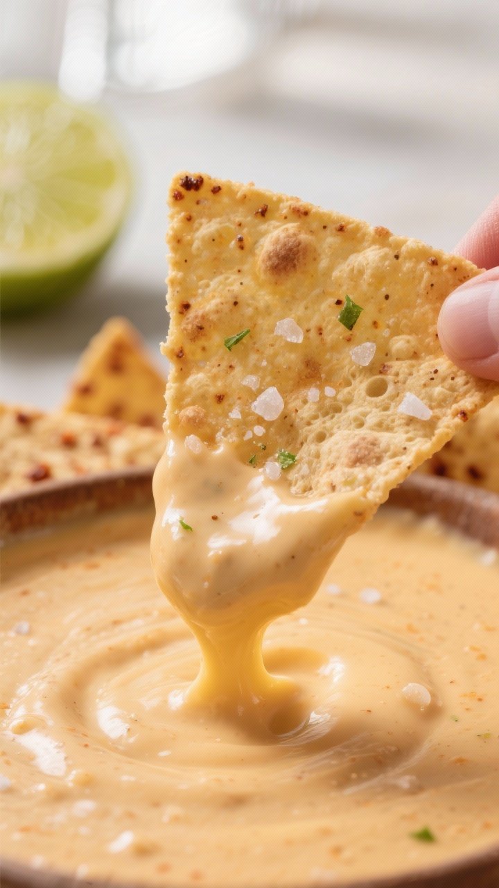 Close-up detail: Macro shot of a warm tortilla chip dipped halfway into velvety queso, showing ultra