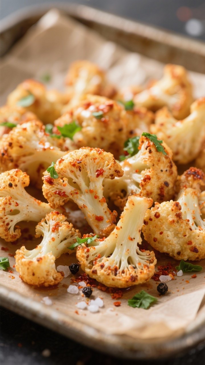 Close-up detail: Macro shot of air-fried cauliflower florets dusted with spicy ranch (cayenne + smok