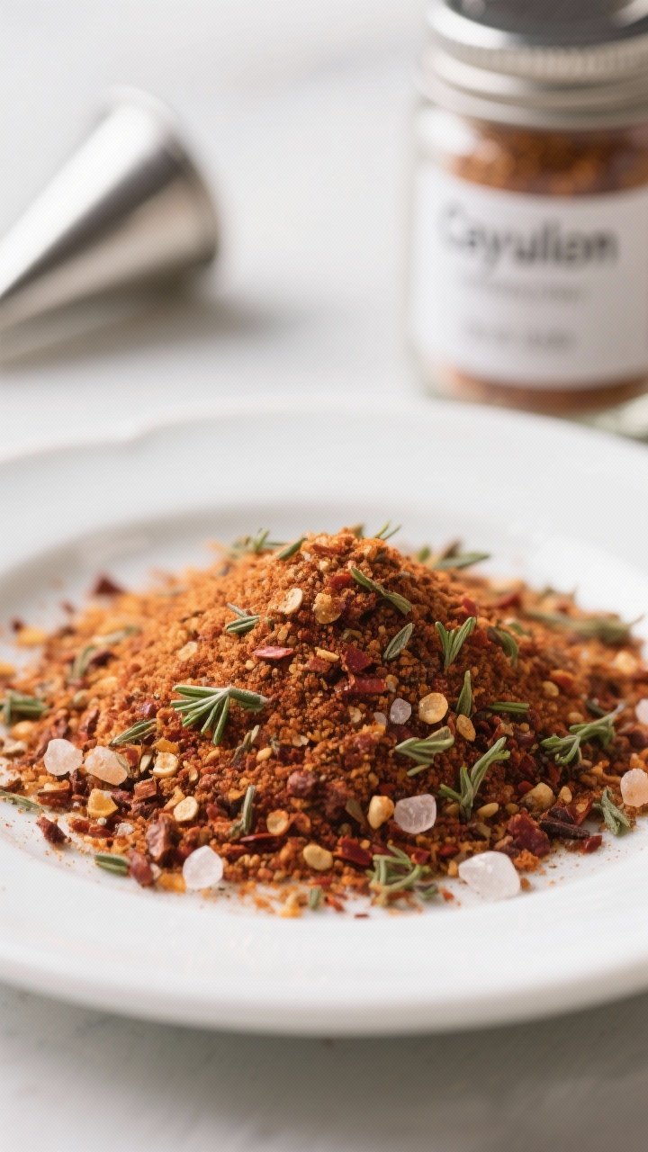 Close-up detail: Macro shot of the finished Cajun seasoning cooled on a white plate—granular textu