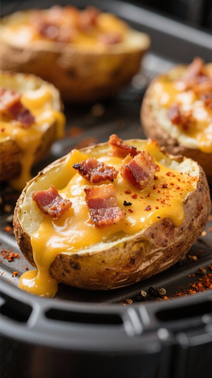 Close-up detail: Melted sharp cheddar pooled inside potato skins with crumbled bacon nestled into th