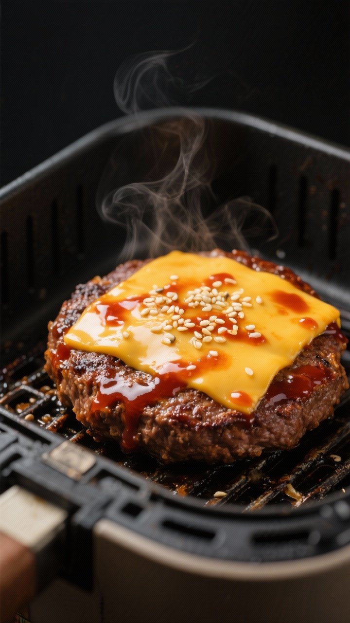 Close-up detail: Melty cheese-topped beef patty just brushed with glossy gochujang glaze inside an a