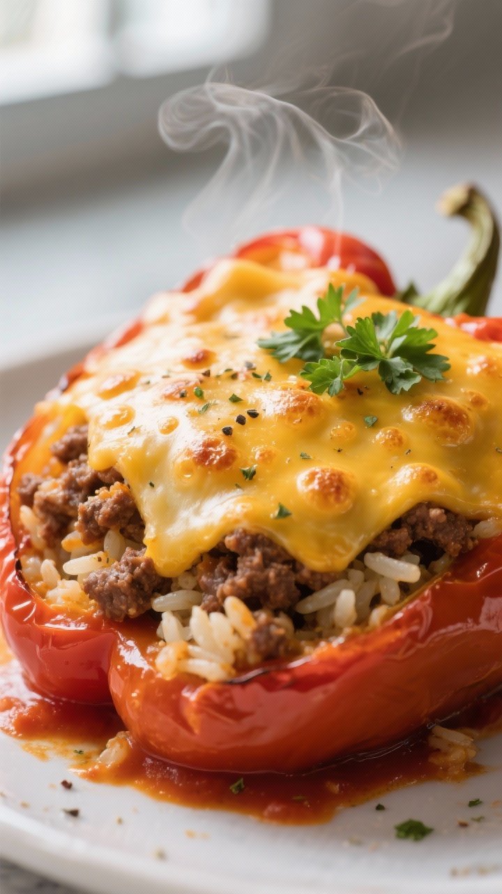 Close-up detail: Melty, golden-bubbled cheese crowning an air-fried stuffed bell pepper, with flecks