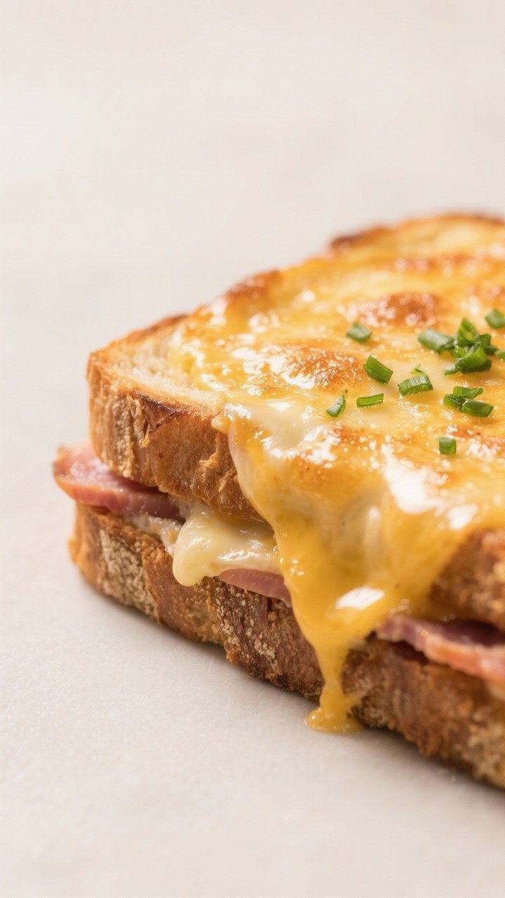 Close-up detail: Melty Gruyère and golden-bubbly béchamel crust on an air-fried Croque Madame, edg