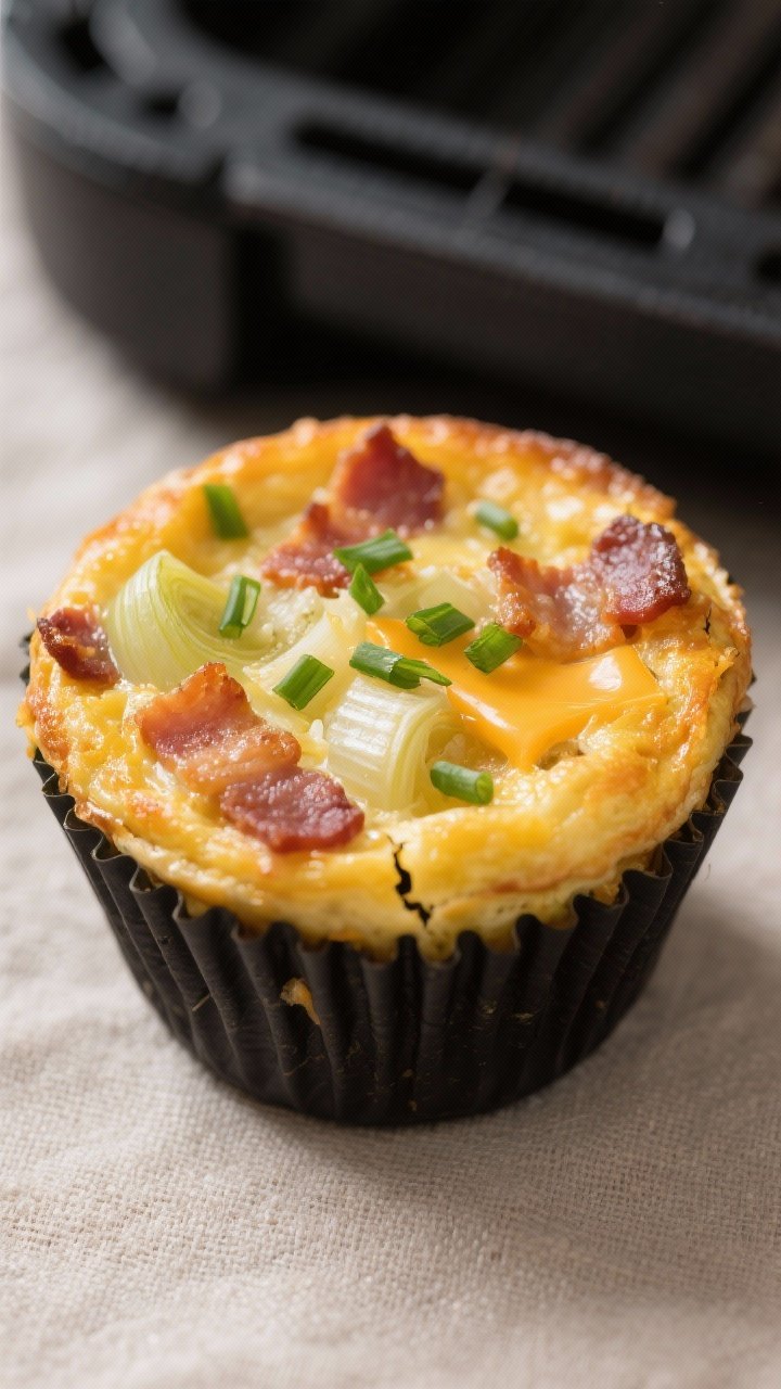 Close-up detail: Mini bacon and leek frittata just out of the air fryer, golden-brown top with light