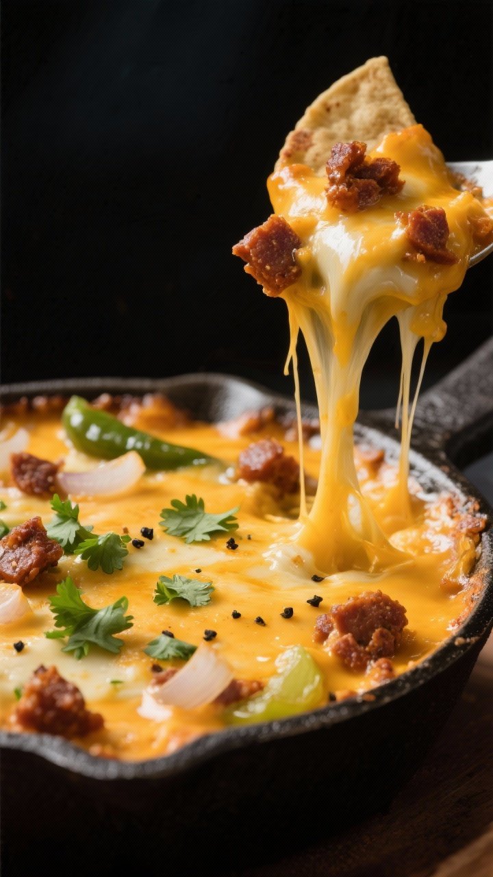 Close-up detail: Molten queso fundido just out of the air fryer, cheese bubbling with lightly carame