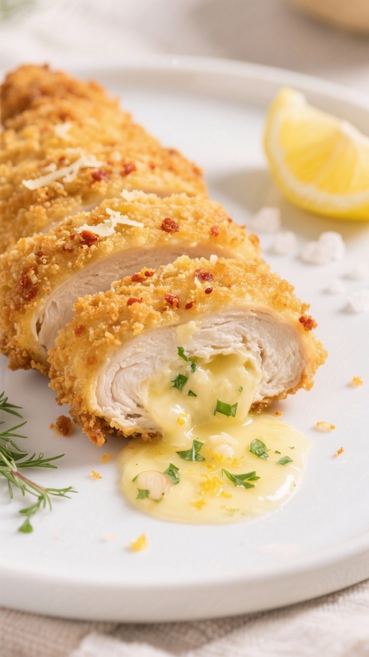 Close-up detail of a sliced Air Fryer Chicken Kiev with golden, ultra-crispy panko crust and visible